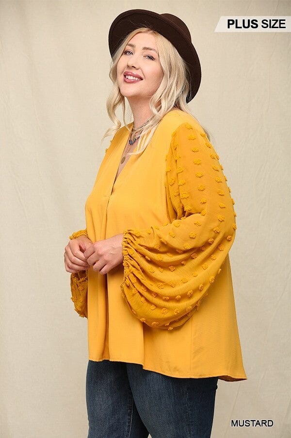 Plus Size Mustard Yellow Woven And Textured Chiffon Top With Voluminous Sheer Sleeves Top jehouze