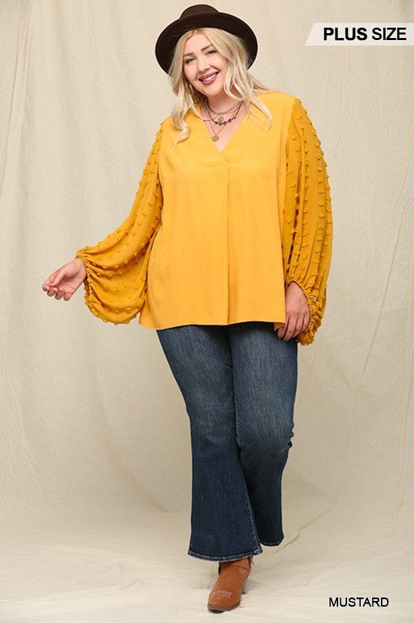Plus Size Mustard Yellow Woven And Textured Chiffon Top With Voluminous Sheer Sleeves Top jehouze