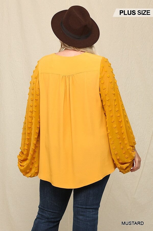 Plus Size Mustard Yellow Woven And Textured Chiffon Top With Voluminous Sheer Sleeves Top jehouze