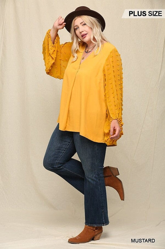 Plus Size Mustard Yellow Woven And Textured Chiffon Top With Voluminous Sheer Sleeves Top jehouze