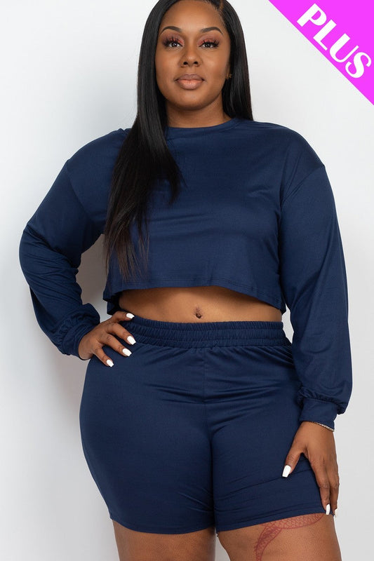 Plus Size Navy Blue Cozy Crop Top And Shorts Set Matching Sets jehouze 