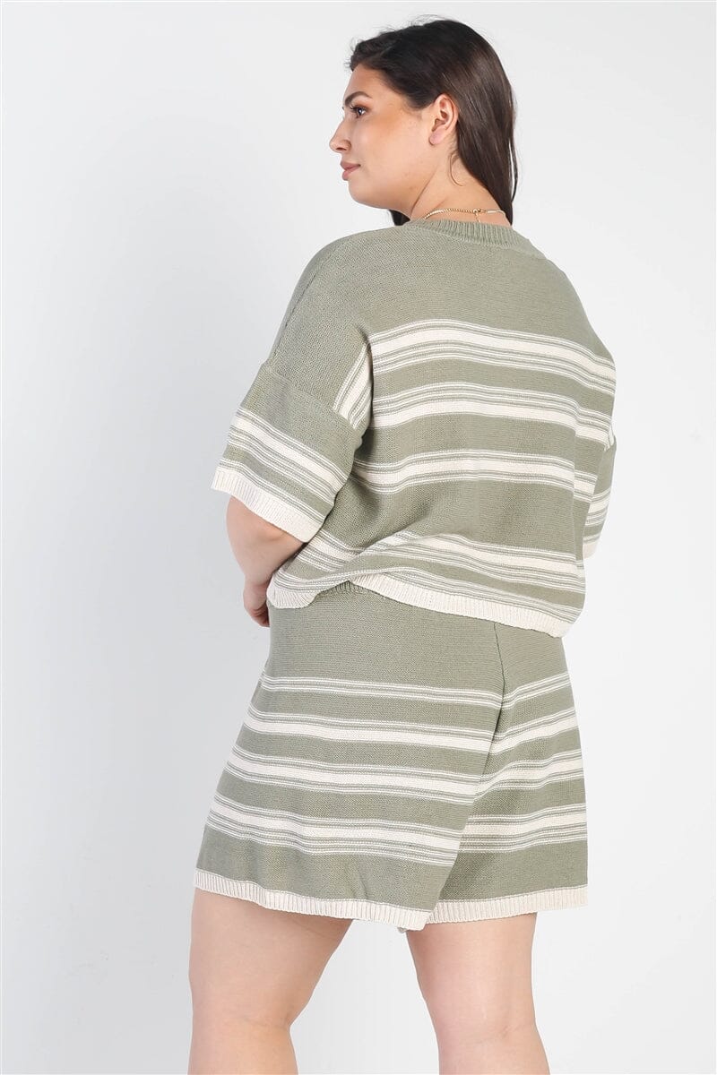 Plus Size Olive Green Striped Knit Short Sleeve Crop Top High Waist Shorts Set Loungewear jehouze