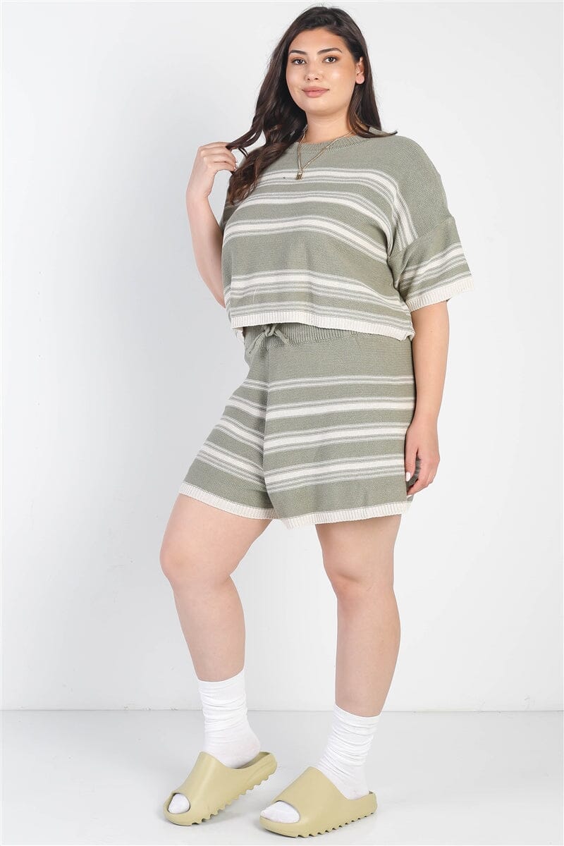 Plus Size Olive Green Striped Knit Short Sleeve Crop Top High Waist Shorts Set Loungewear jehouze