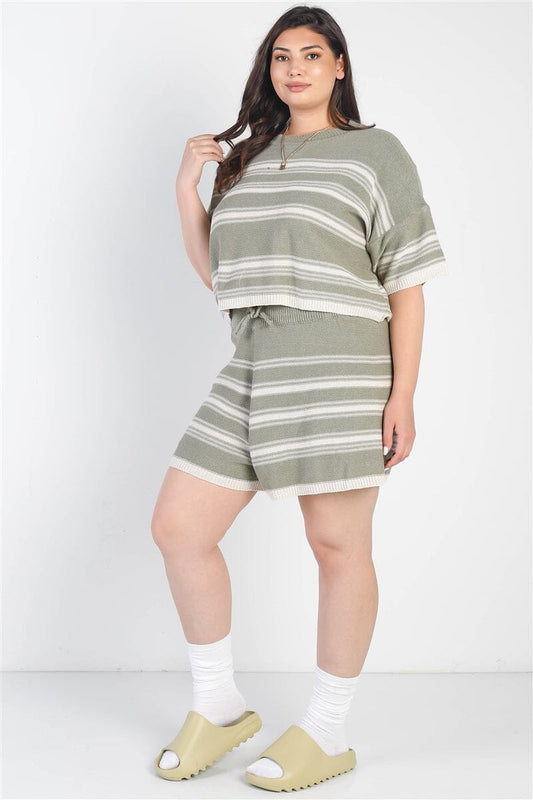 Plus Size Olive Green Striped Knit Short Sleeve Crop Top High Waist Shorts Set Loungewear jehouze