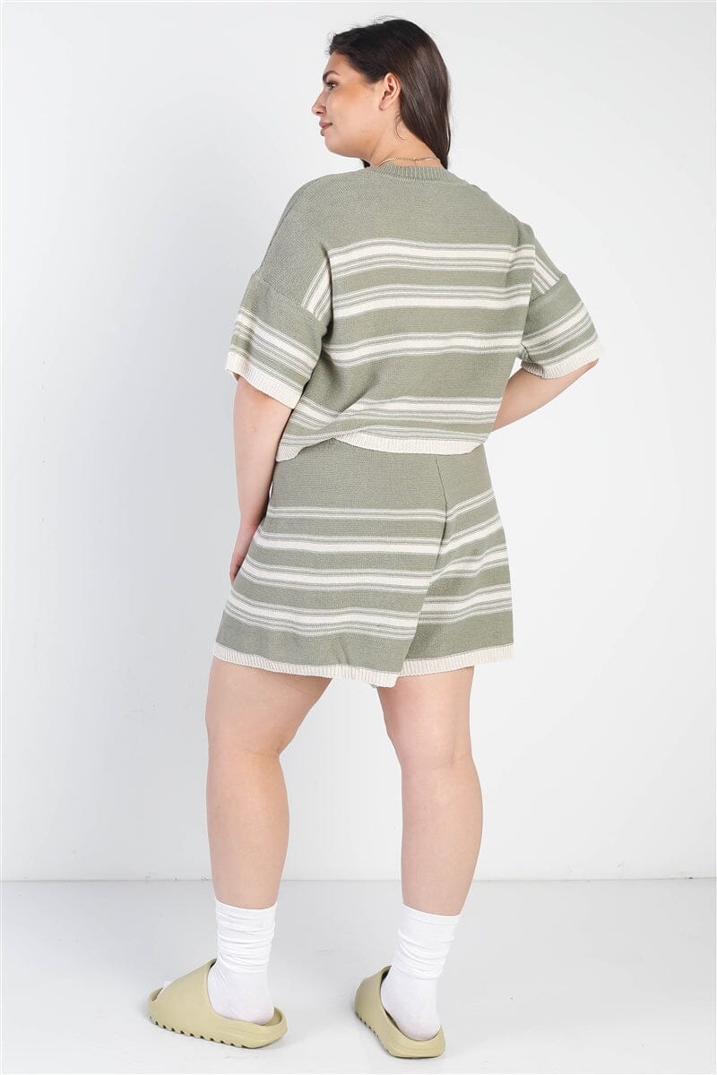 Plus Size Olive Green Striped Knit Short Sleeve Crop Top High Waist Shorts Set Loungewear jehouze