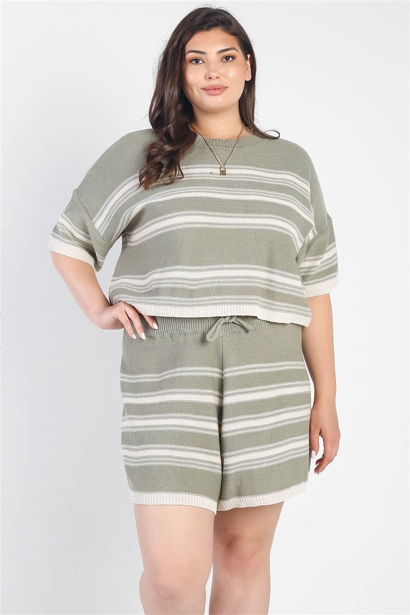 Plus Size Olive Green Striped Knit Short Sleeve Crop Top High Waist Shorts Set Loungewear jehouze