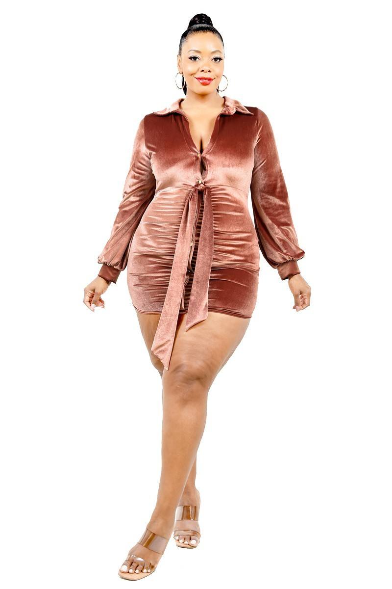 Plus Size Rust Brown Velvet Bishop Sleeve Mini Dress Dresses jehouze