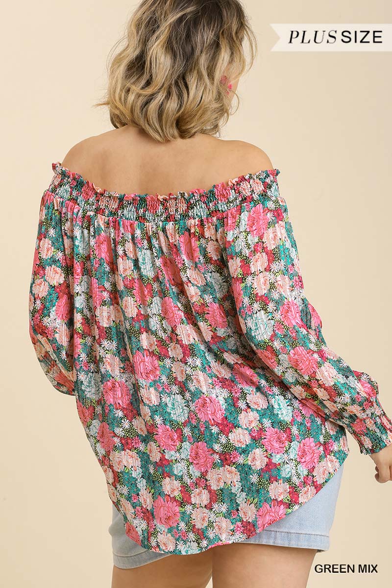 Plus size Sheer Green Floral Print Metallic Threading Long Sleeve Off Shoulder Top With High Low Hem Shirts & Tops jehouze