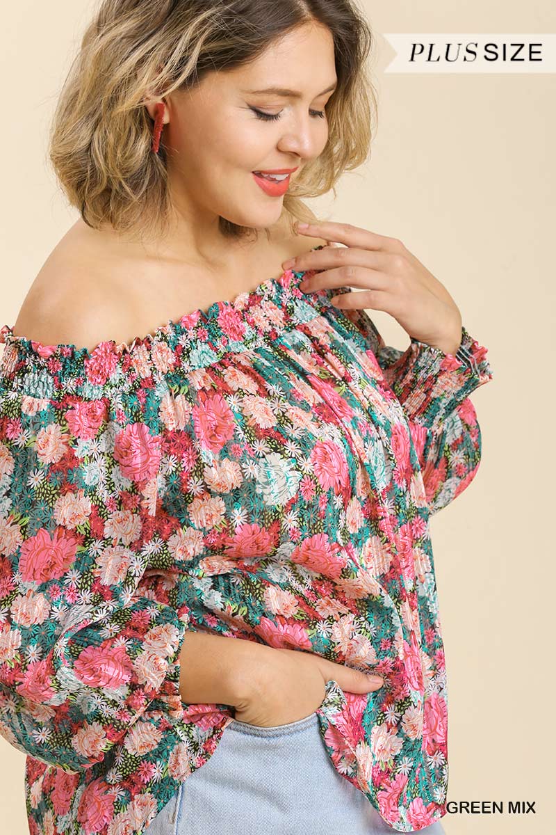Plus size Sheer Green Floral Print Metallic Threading Long Sleeve Off Shoulder Top With High Low Hem Shirts & Tops jehouze