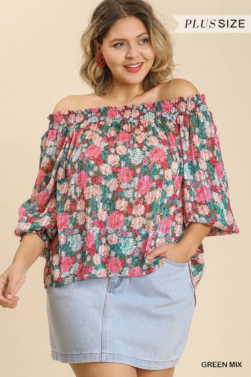 Plus size Sheer Green Floral Print Metallic Threading Long Sleeve Off Shoulder Top With High Low Hem Shirts & Tops jehouze