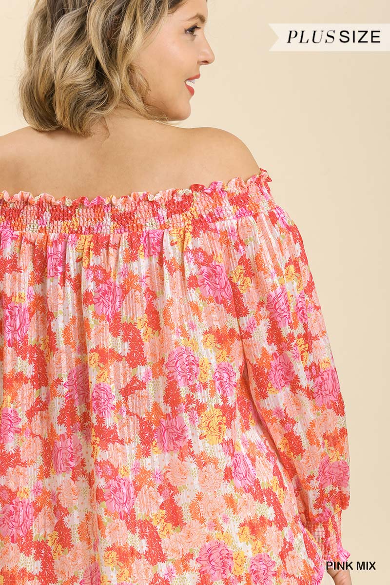 Plus size Sheer Pink Floral Print Metallic Threading Long Sleeve Off Shoulder Top With High Low Hem Shirts & Tops jehouze