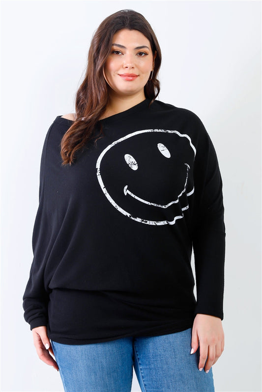 Plus Size Smile Black Front Print Flannel Dolman Long Sleeve Top Shirts & Tops jehouze
