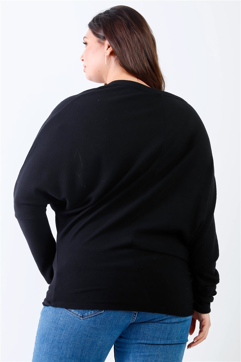 Plus Size Smile Black Front Print Flannel Dolman Long Sleeve Top Shirts & Tops jehouze