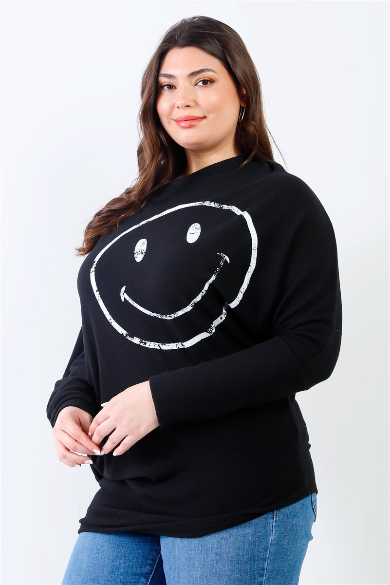 Plus Size Smile Black Front Print Flannel Dolman Long Sleeve Top Shirts & Tops jehouze