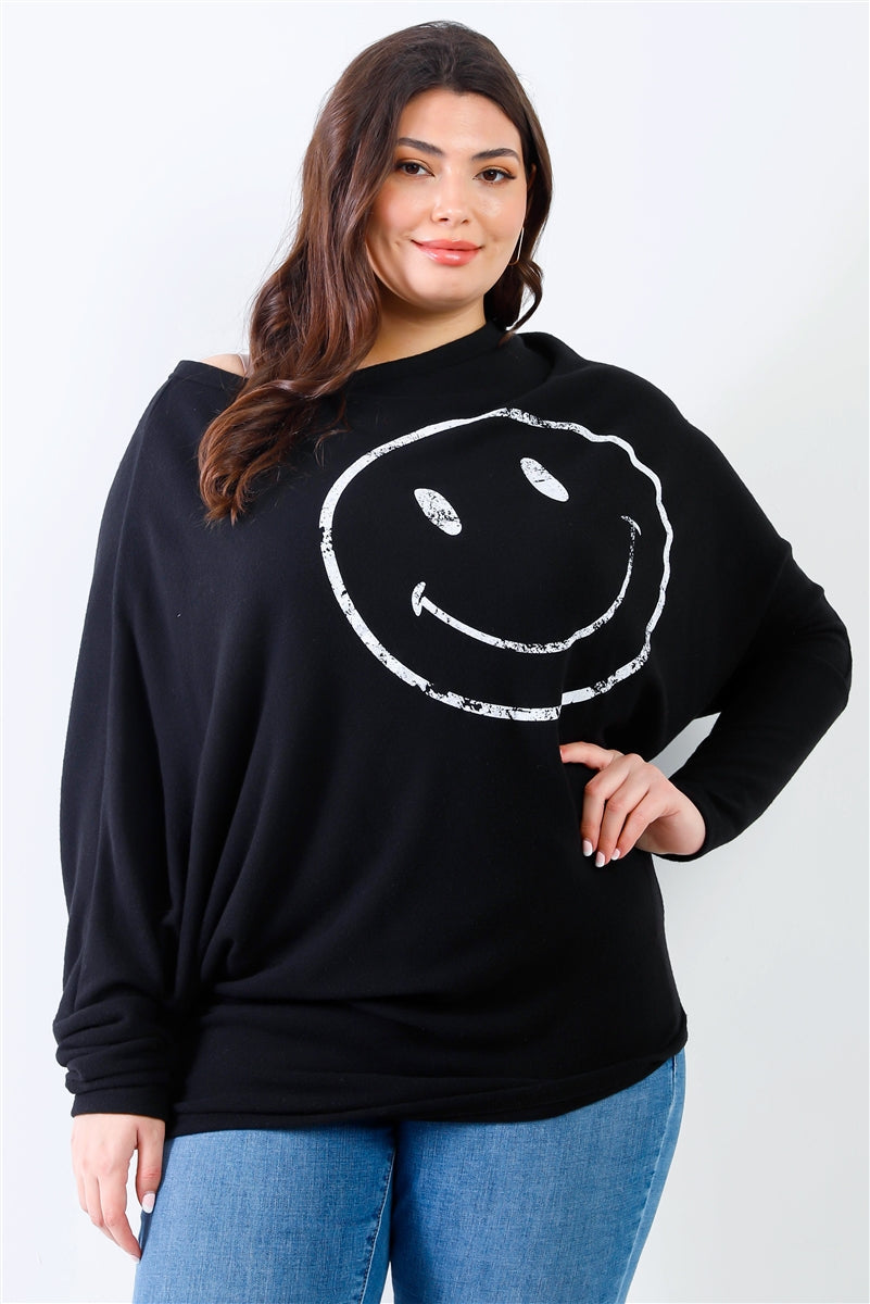 Plus Size Smile Black Front Print Flannel Dolman Long Sleeve Top Shirts & Tops jehouze