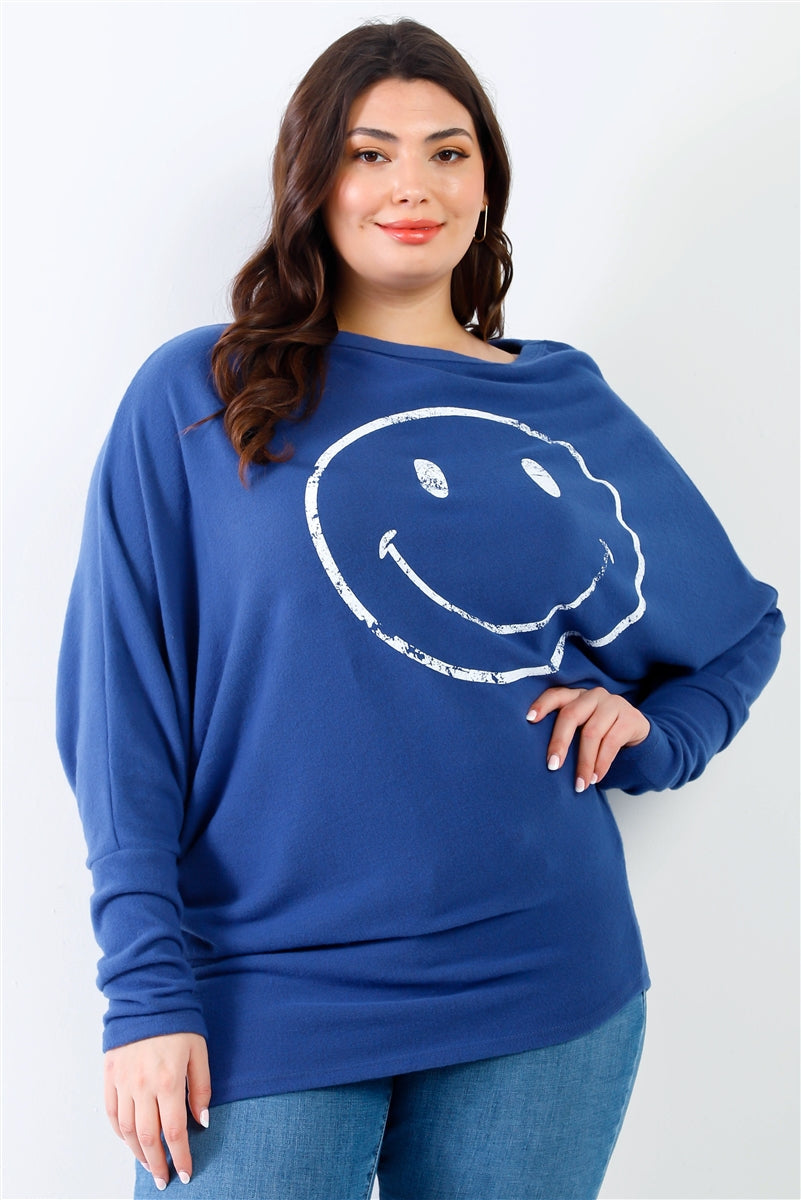 Plus Size Smile Teal Front Print Flannel Dolman Long Sleeve Top Shirts & Tops jehouze