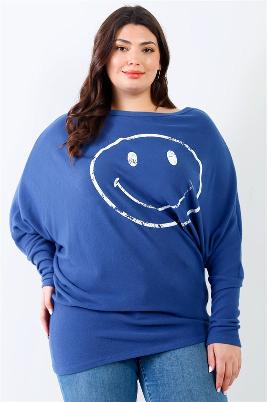 Plus Size Smile Teal Front Print Flannel Dolman Long Sleeve Top Shirts & Tops jehouze