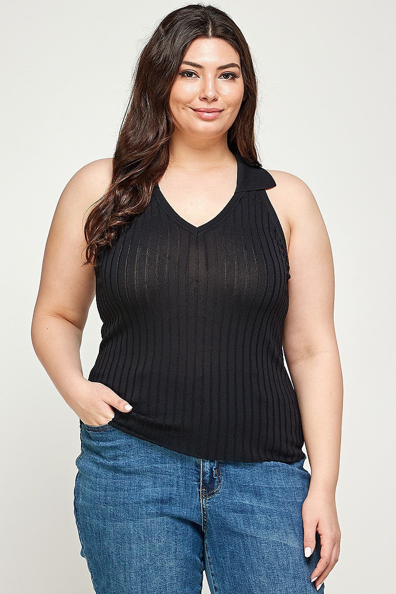 Plus Size Summer Black Solid Ribbed Knit Polo Sleeveless Top Shirts & Tops jehouze