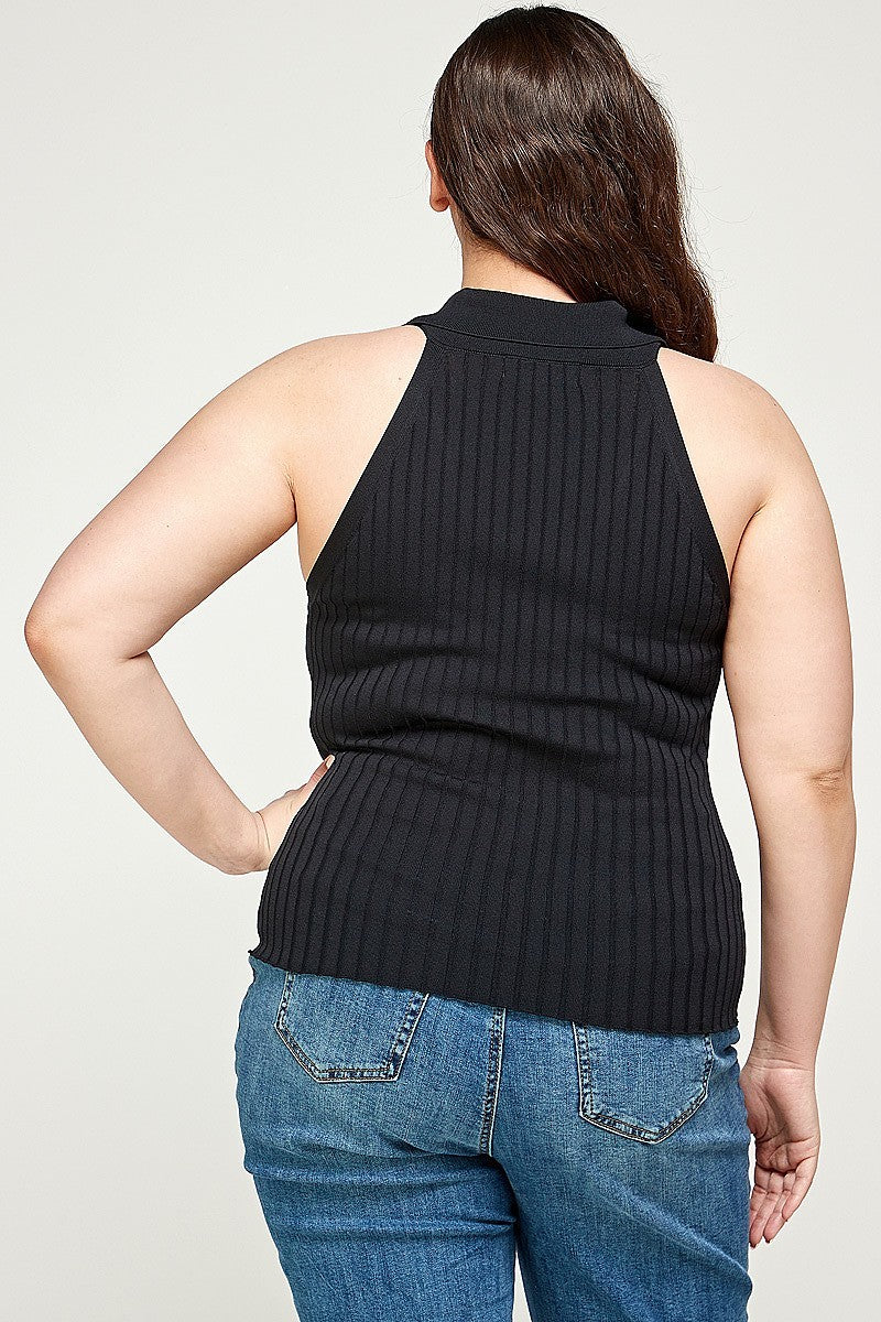 Plus Size Summer Black Solid Ribbed Knit Polo Sleeveless Top Shirts & Tops jehouze