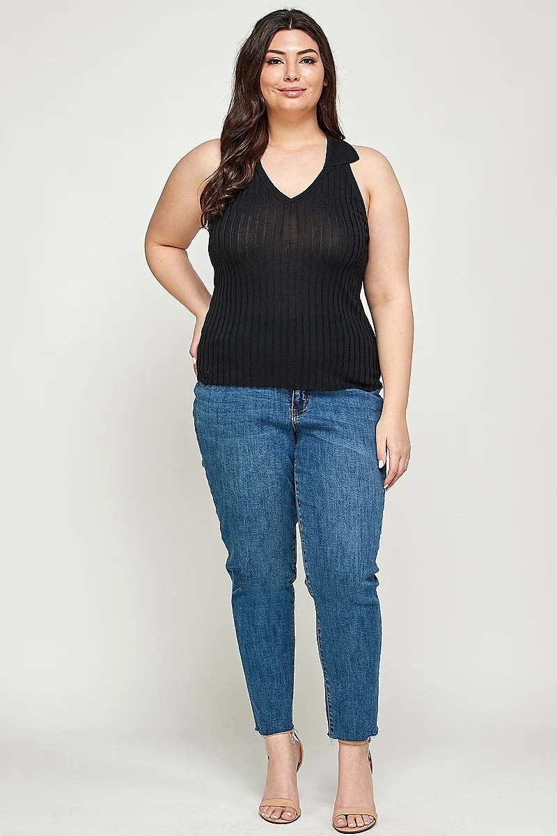 Plus Size Summer Black Solid Ribbed Knit Polo Sleeveless Top Shirts & Tops jehouze
