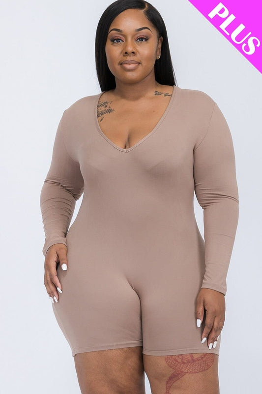 Plus Size Taupe Grey V neck Long Sleeve one piece Bodycon Romper Jumpsuits & Rompers jehouze