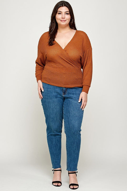 Plus Size Textured Waffle Sweater Knit Top Shirts & Tops jehouze