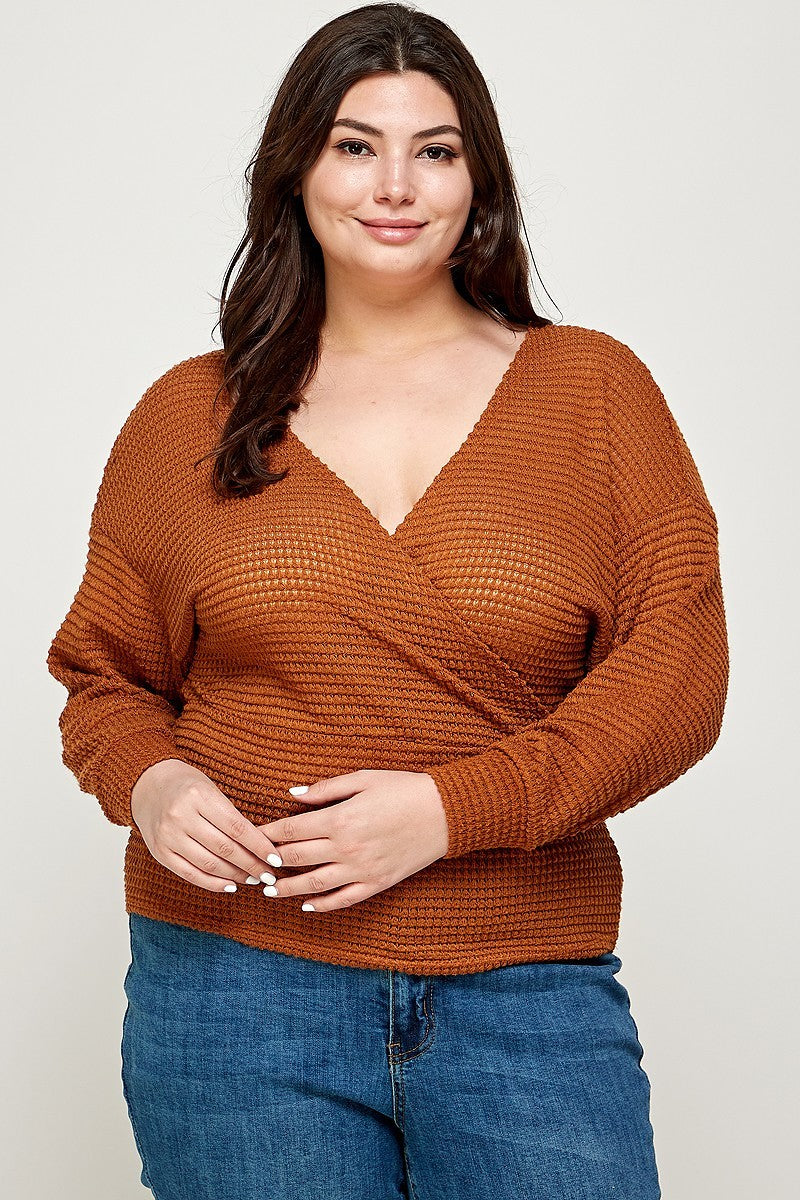 Plus Size Textured Waffle Sweater Knit Top Shirts & Tops jehouze