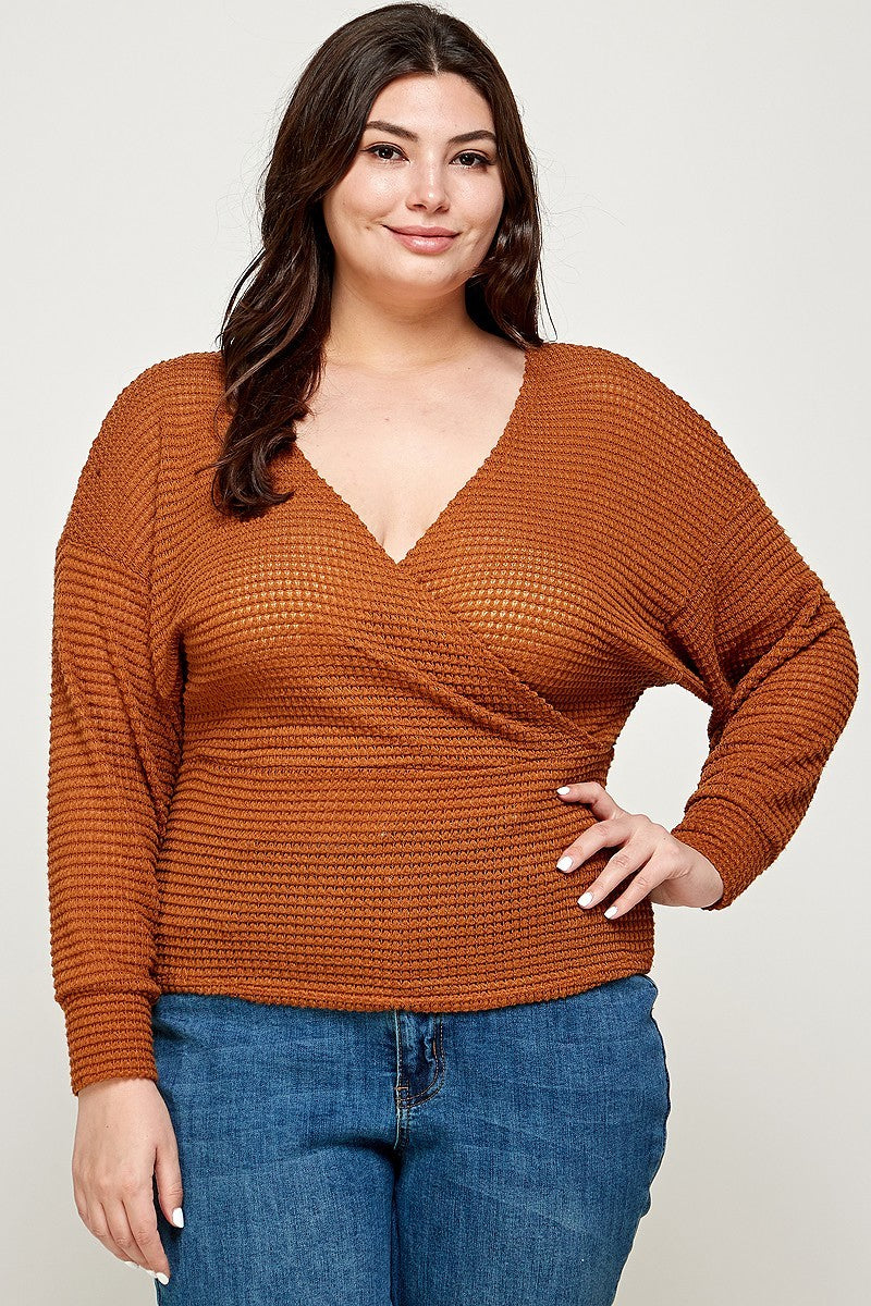 Plus Size Textured Waffle Sweater Knit Top Shirts & Tops jehouze