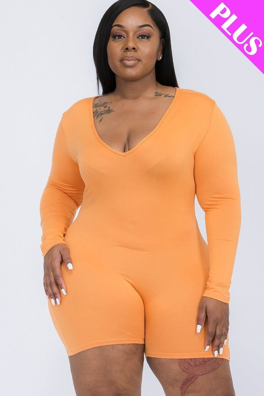 Plus Size Tomato Cream Orange V neck Long Sleeve one piece Bodycon Romper Jumpsuits & Rompers jehouze
