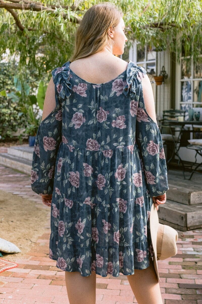 Plus Size Vintage Jade Blue Floral Cold Shoulder Long Sleeve Babydoll Dress jehouze