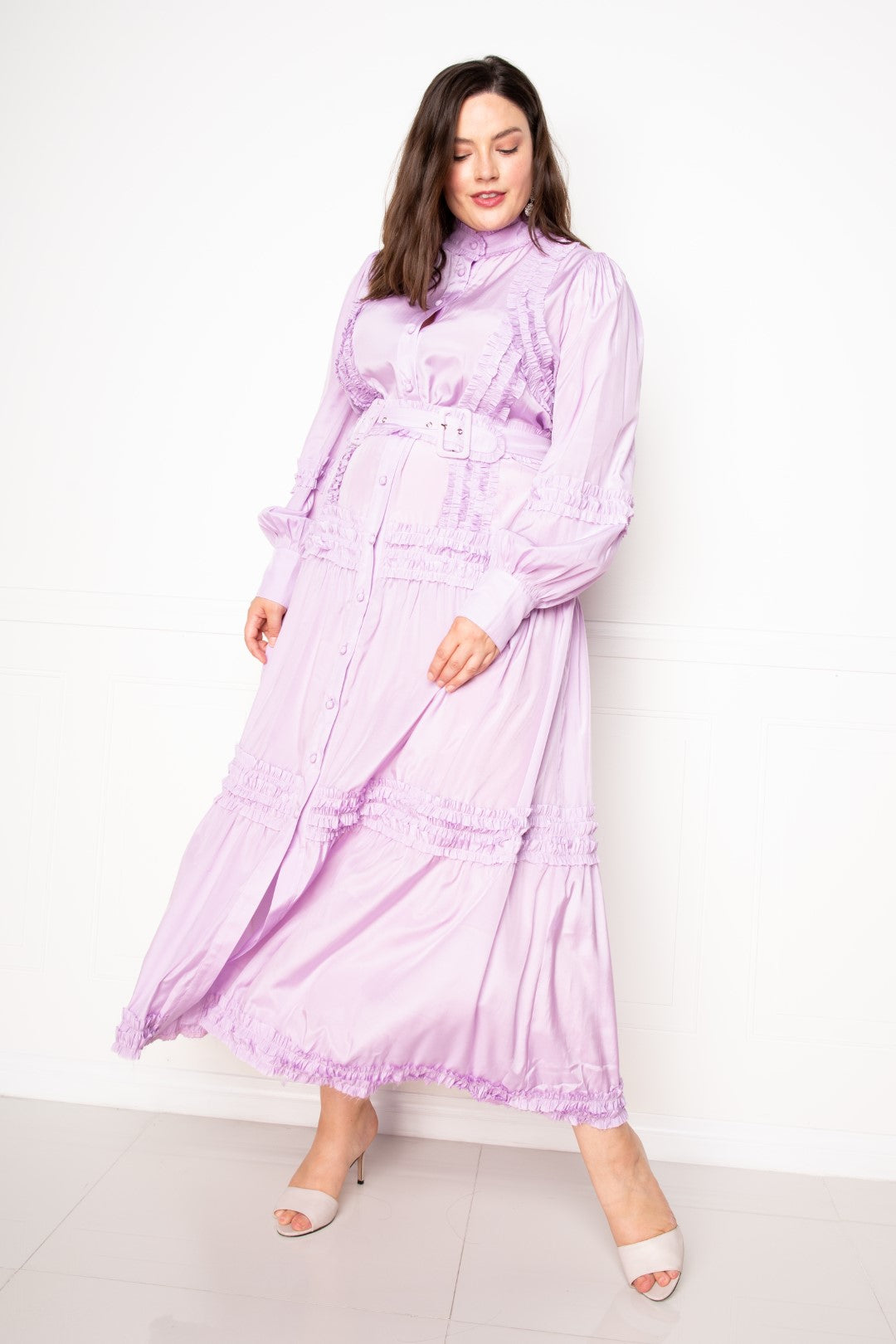 Plus Size Violet long Sleeve Button Down Belted Ruffle Flowy Maxi Dress Dresses jehouze