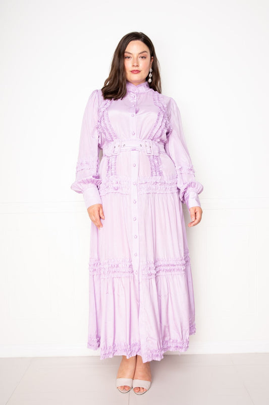 Plus Size Violet long Sleeve Button Down Belted Ruffle Flowy Maxi Dress Dresses jehouze