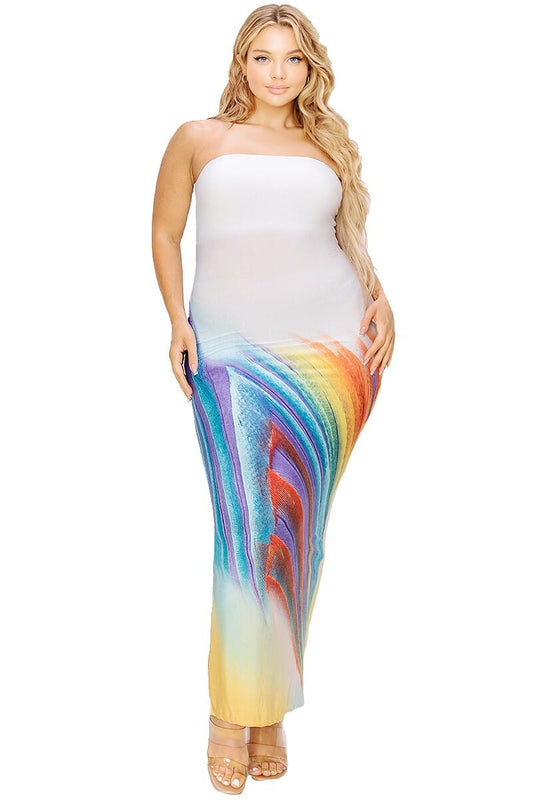 Plus Size White Multi Sleeveless Color Gradient Tube Top Strapless Bodycon Maxi Dress Dresses jehouze 1XL
