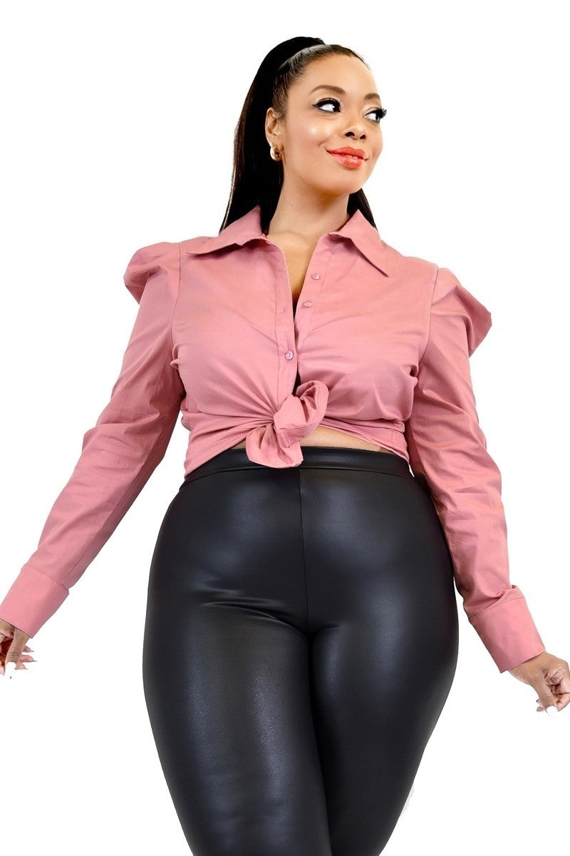 Plus Solid Poplin Puff Sleeve Pink Shirt Shirts & Tops jehouze