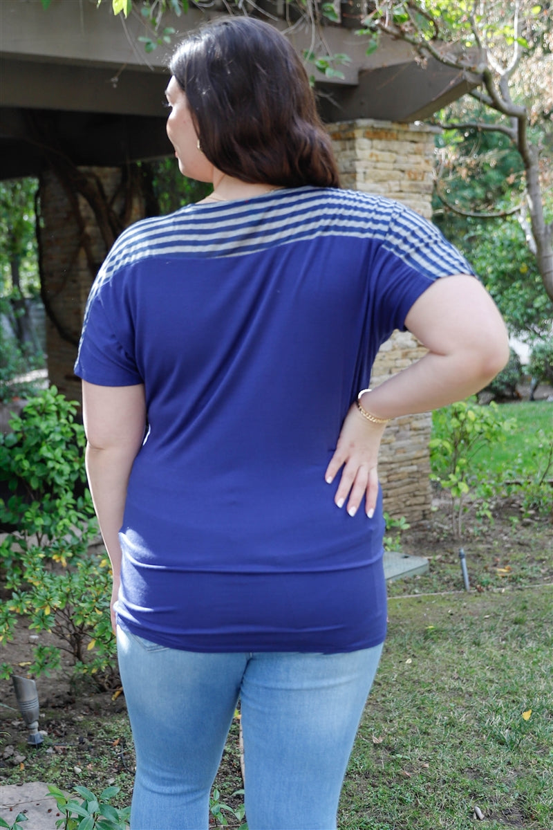 Plus Stripe Short Sleeve Blue Top Shirts & Tops jehouze