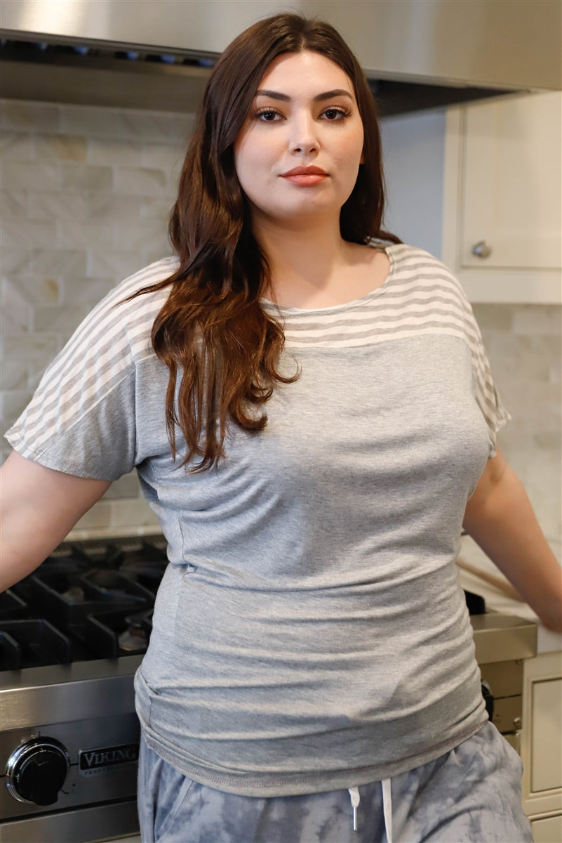 Plus Stripe Short Sleeve Grey Top Shirts & Tops jehouze