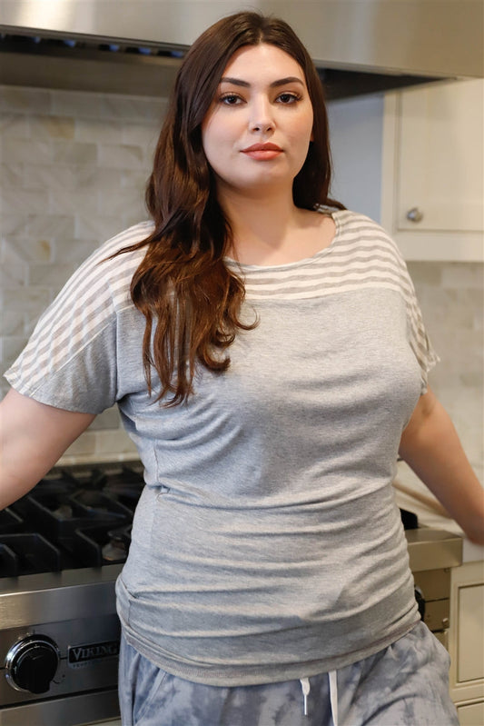 Plus Stripe Short Sleeve Grey Top Shirts & Tops jehouze