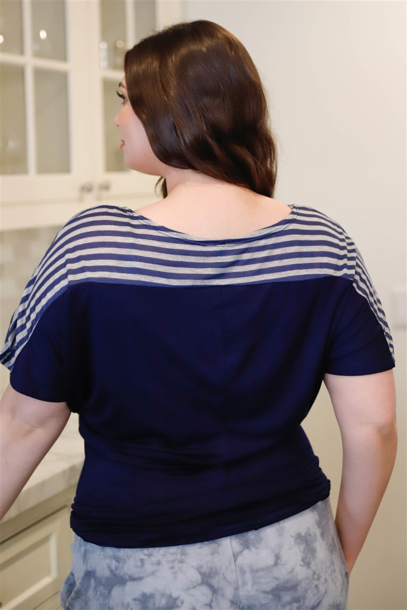 Plus Stripe Short Sleeve Navy Blue Top Shirts & Tops jehouze