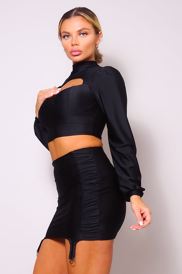 Puff Long Sleeve Front Cutout Turtleneck Blouse & Side Ruched Garter Mini Skirt Set jehouze