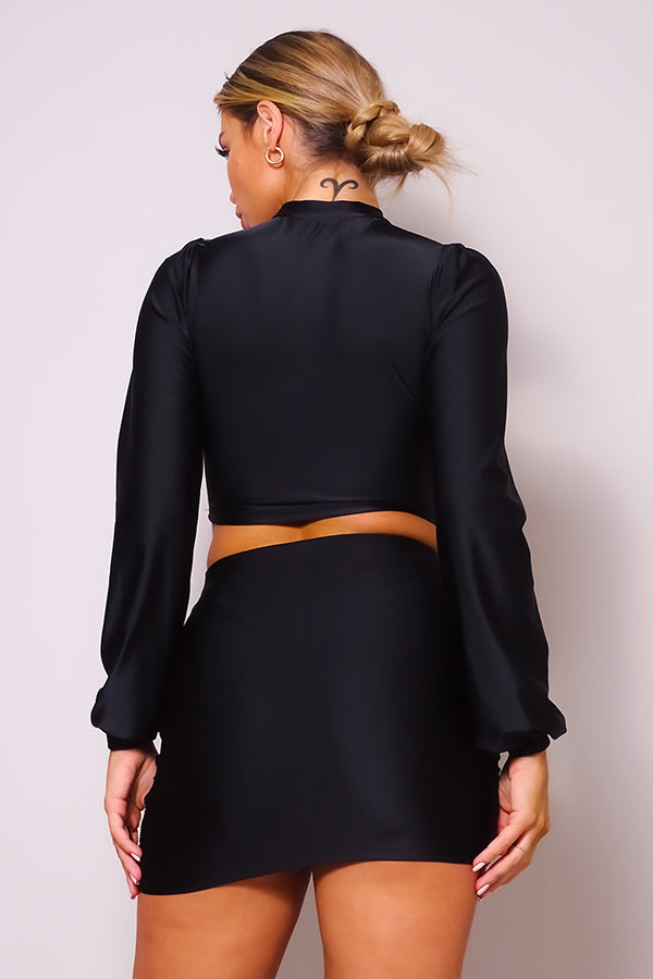 Puff Long Sleeve Front Cutout Turtleneck Blouse & Side Ruched Garter Mini Skirt Set jehouze