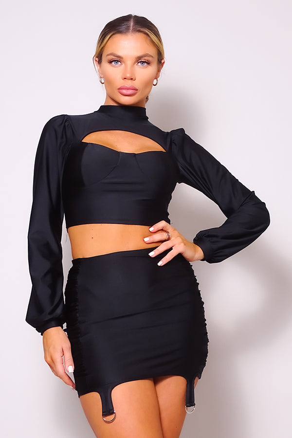 Puff Long Sleeve Front Cutout Turtleneck Blouse & Side Ruched Garter Mini Skirt Set jehouze