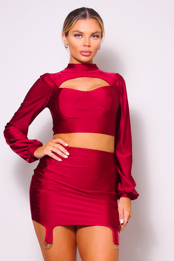 Puff Long Sleeve Front Cutout Turtleneck Blouse & Side Ruched Garter Mini Skirt Set jehouze