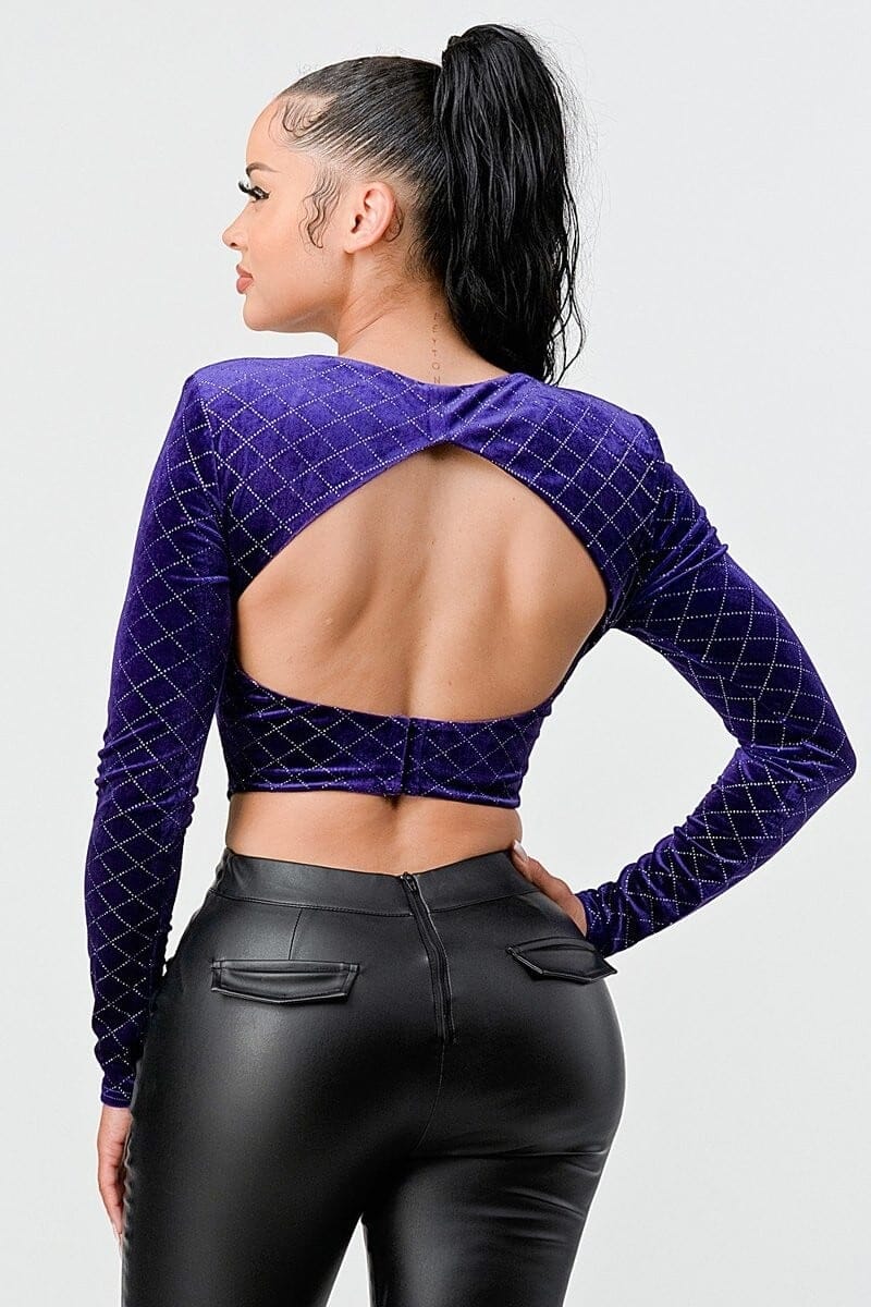 Purple Diamond Velvet Buttons Open Back Square Neck Long Sleeves Cropped Top jehouze