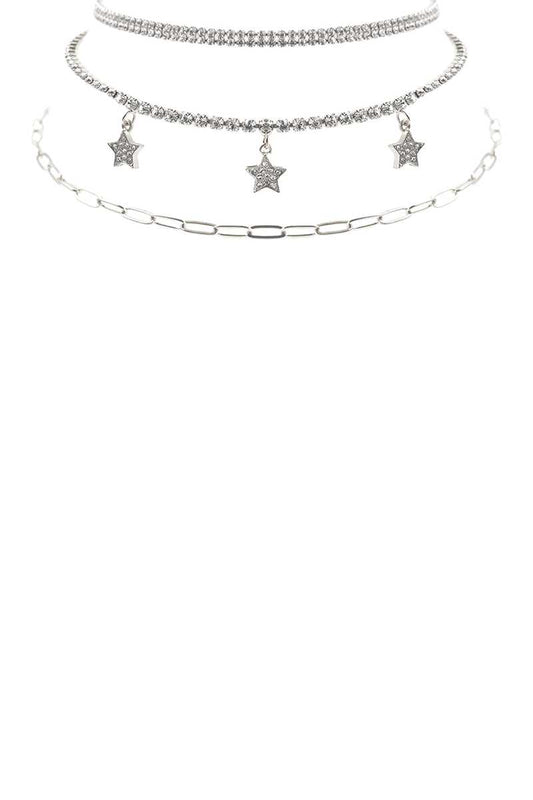 Rhinestone Star Charm 3 Layered Necklace Necklaces jehouze 
