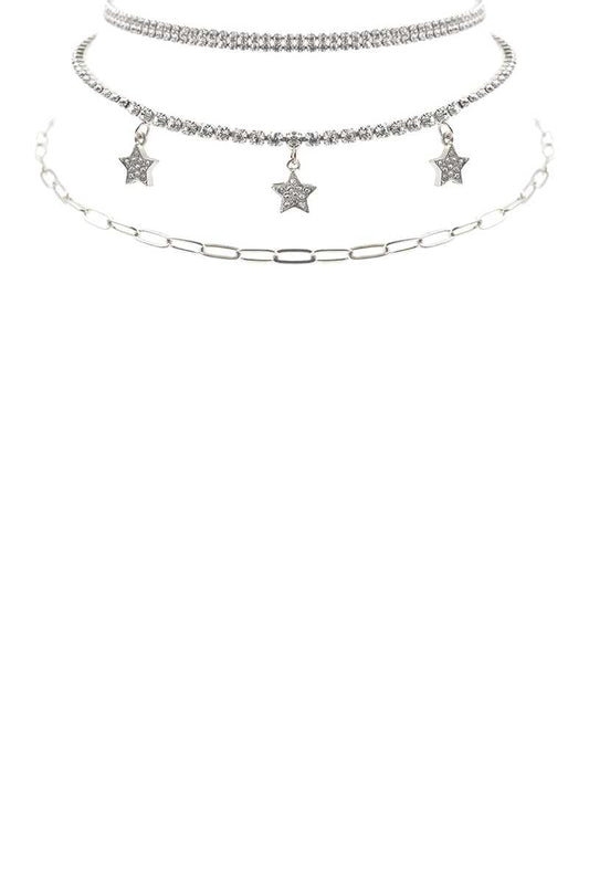 Rhinestone Star Charm 3 Layered Necklace Necklaces jehouze