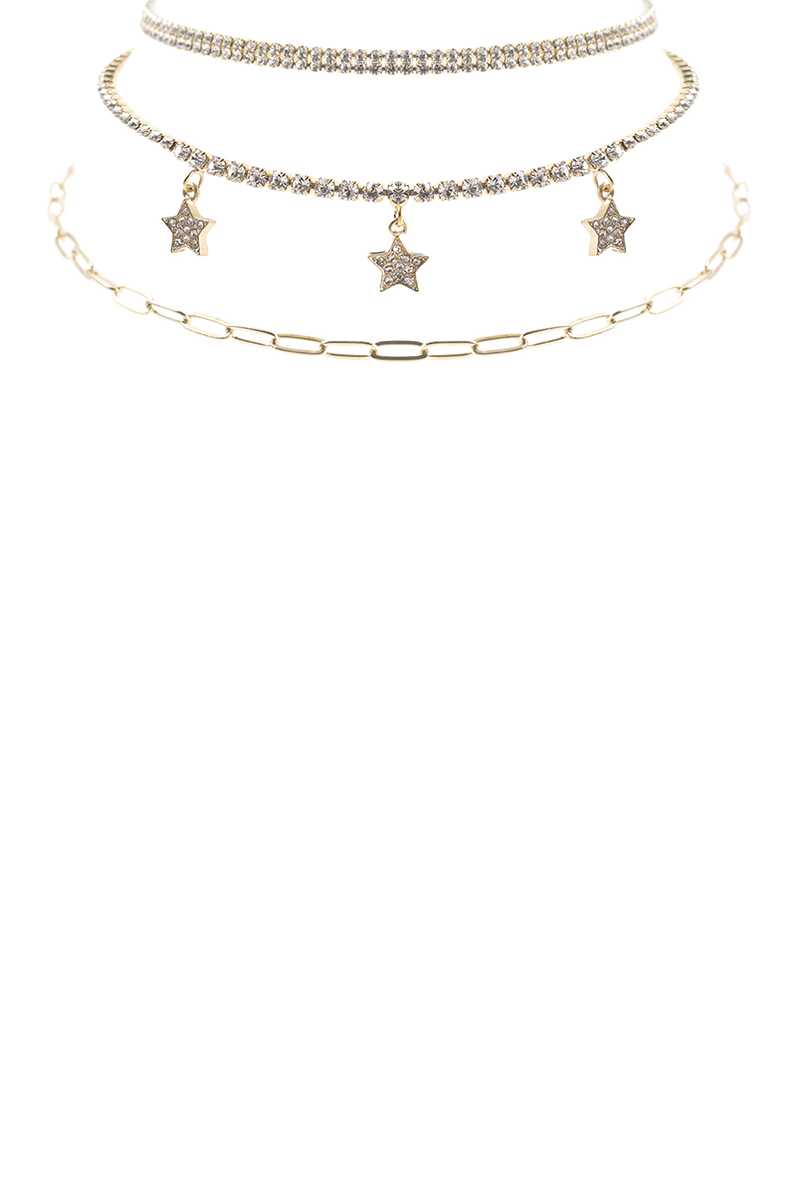 Rhinestone Star Charm 3 Layered Necklace Necklaces jehouze