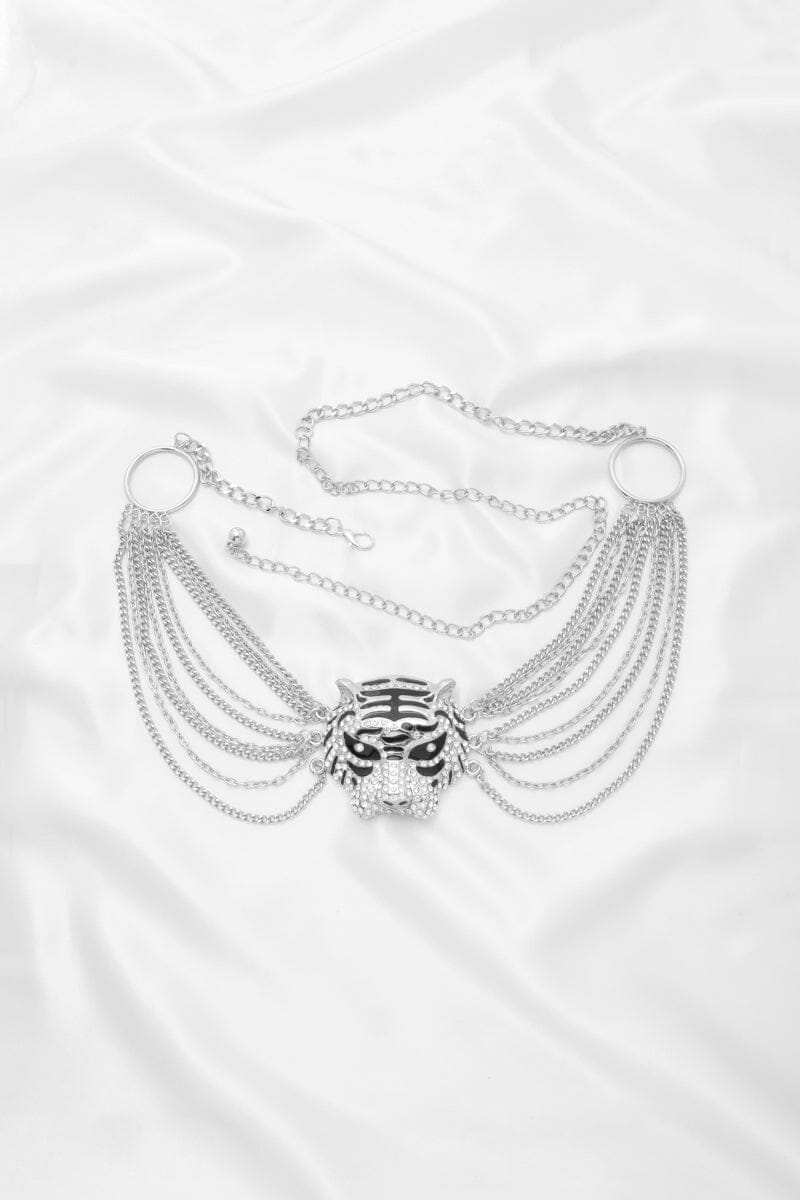 Rhinestone Tiger Head Multi Layer Chain Link Hook Belt Belts jehouze