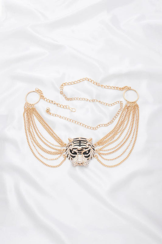 Rhinestone Tiger Head Multi Layer Chain Link Hook Belt Belts jehouze