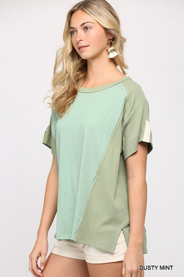 Ribbed And Solid Mixed Raw Edge Green Top Shirts & Tops jehouze