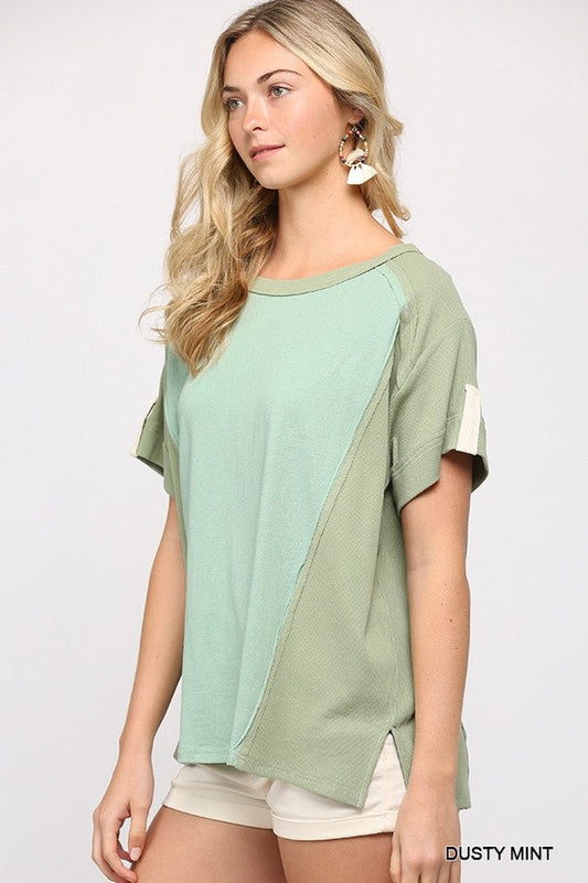 Ribbed And Solid Mixed Raw Edge Green Top Shirts & Tops jehouze
